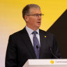 CBA chairman Paul O’Malley and CEO Matt Comyn on stage at the shareholder meeting.