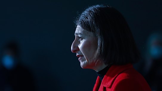 NSW Premier Gladys Berejiklian addressing the media on Sunday. 
