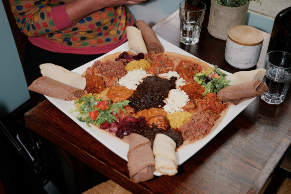 The colourful Mahberawi platter with injera flatbread at Gojo in Sunshine.