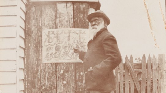 William Barak at work on a drawing at Coranderrk in 1902. 
