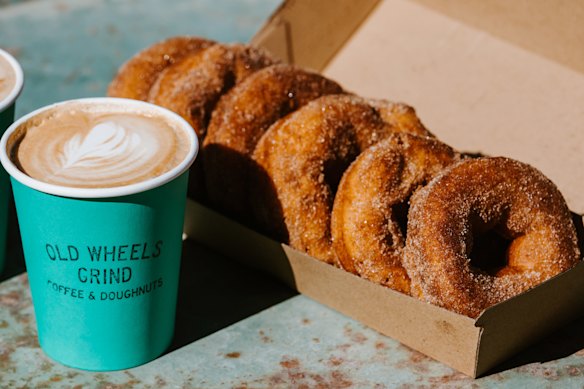 Old Wheels Grind serves coffee and doughnuts from the back of a ute.