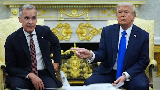 President Donald Trump and Canadian Prime Minister Mark Carney meet in the Oval Office of the White House,