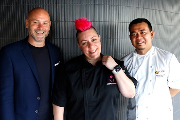 Gema Group MD Paul Valenti, pastry chef Anna Polyviou and Nobu Sydney Head Chef Harold Hurtada announcing the new food offerings Parramatta and Homebush stadiums.
