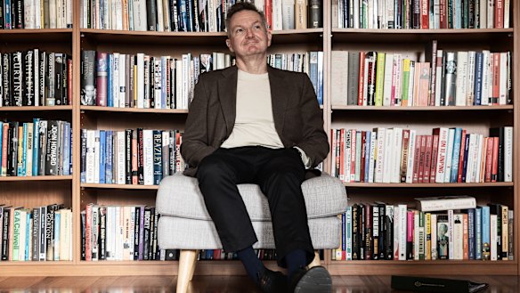 Chris Bowen at home with his library, packed full of political biographies. He says he is an introvert by nature, but one who built a public face for politics.