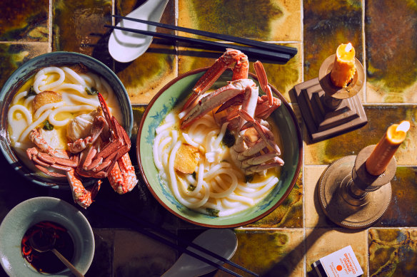 Mud, flower or blue swimmer crab works well in this buttery noodle bowl.