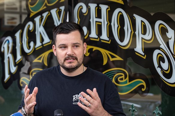 Ricky Jefferies, the man who detained the attacker who struck Helen Haines MP was struck by a four-wheel drive outside her Wangaratta electorate office in a car, talks to the media outside his barbershop.