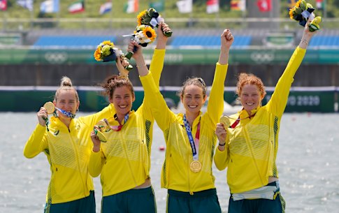 Olympic champions Lucy Stephan, Rosemary Popa, Jessica Morrison and Annabelle McIntyre after winning the women’s four