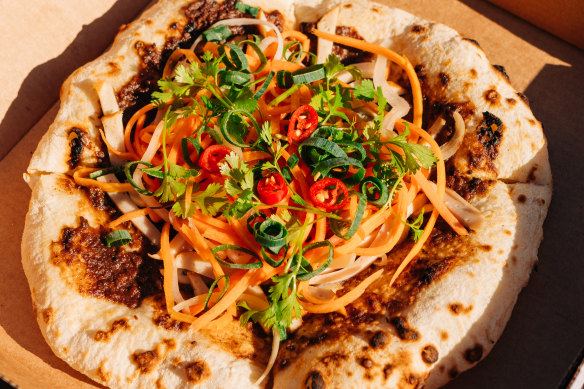 The banh mi pizza at Harvey’s Pizzeria.