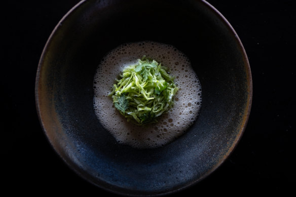 Lamb sweetbreads are served  with cabbage, macadamia and fermented koji, which add nuttiness, funk and vegetal sweetness. 
