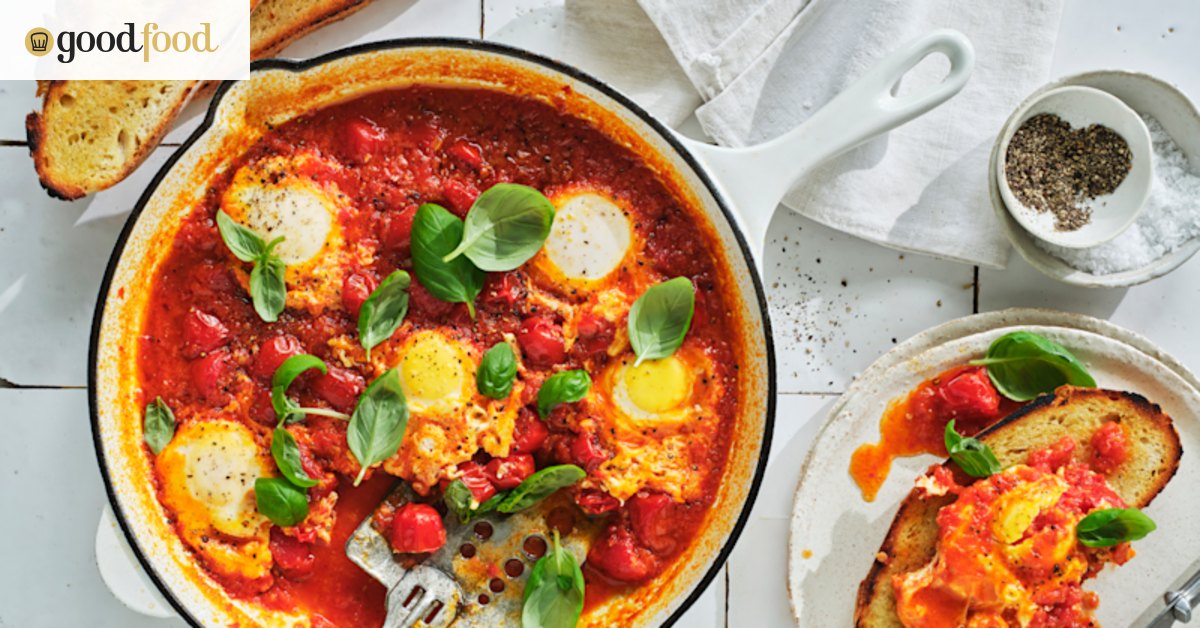 Tomato and basil poached eggs with crusty bread