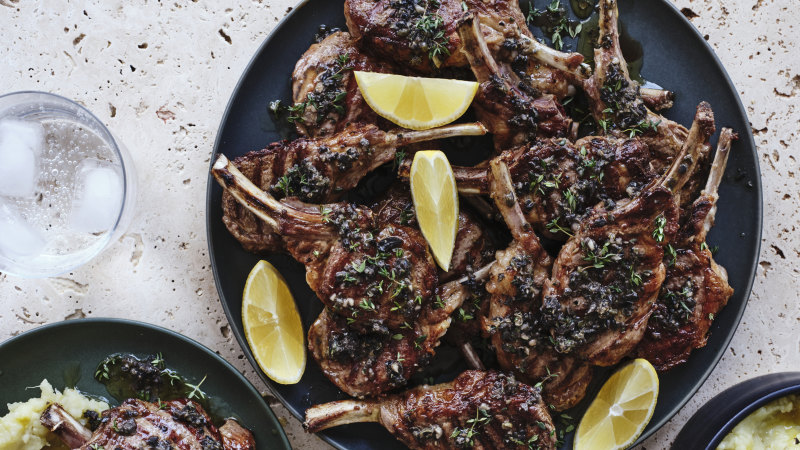 Grilled lamb cutlets with black olive butter