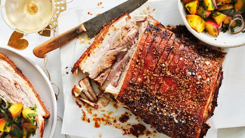 Slow-roasted pork belly with peach salad