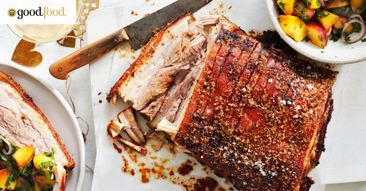Slow-roasted pork belly with peach salad