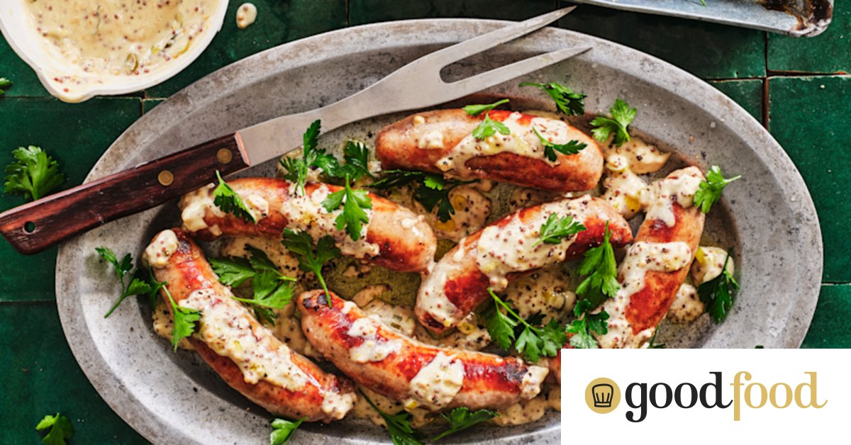Adam Liaw’s sausages with French mustard sauce