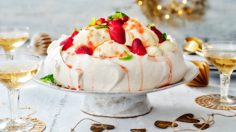 Strawberry and finger-lime pavlova with coconut mascarpone cream