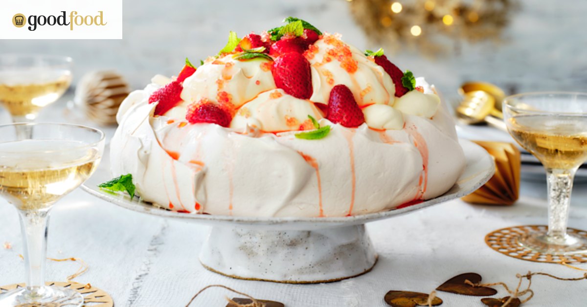 Strawberry and finger-lime pavlova with coconut mascarpone cream