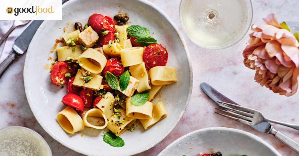 Sicilian seared swordfish pasta with cherry tomatoes, mint and pistachios
