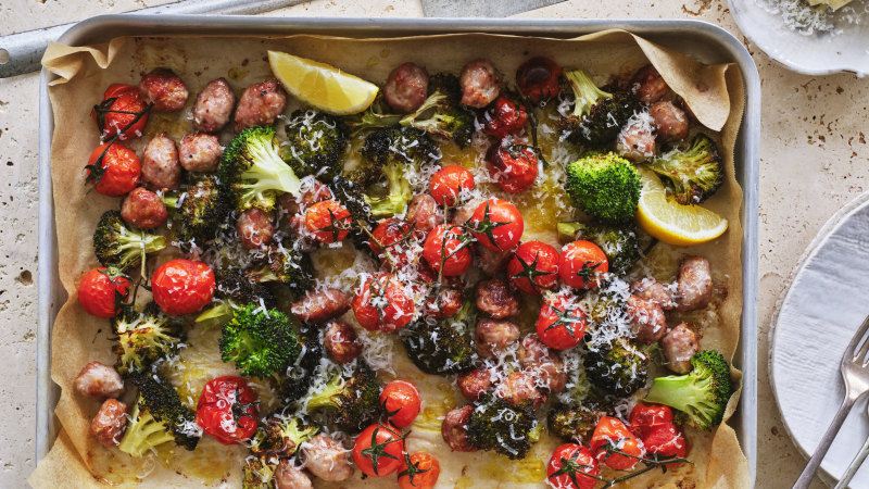 Adam Liaw’s broccoli and sausage tray bake