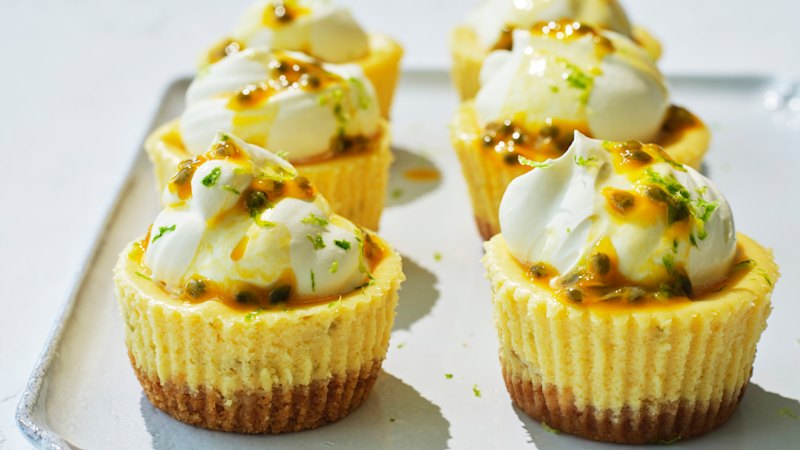 Baby baked cheesecakes with white chocolate, passionfruit and macadamia
