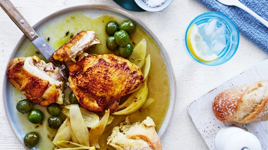 Baked chicken cutlets with olives and fennel seed.