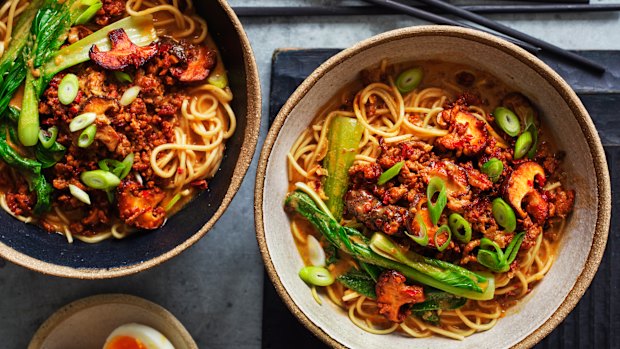 Danielle Alvarez's brothy ramen noodles with spicy-mince stir-fry.