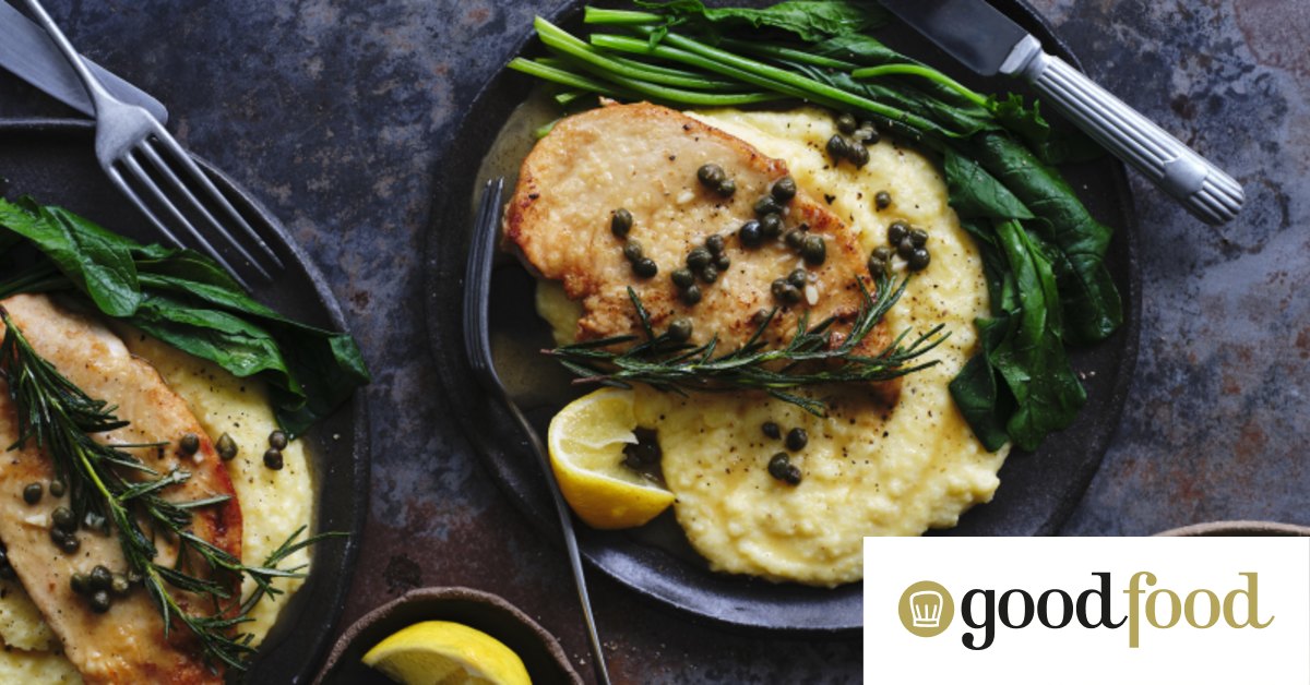 Italian recipe for chicken scaloppine with capers, lemon, rosemary and polenta