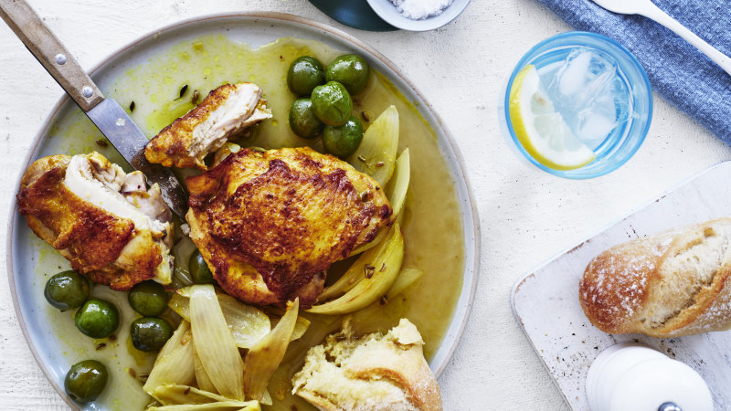 Adam Liaw’s baked chicken cutlets with olives and fennel seed