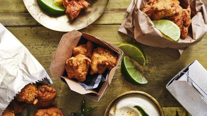 Adam Liaw’s fish pakoras with turmeric yoghurt and lime