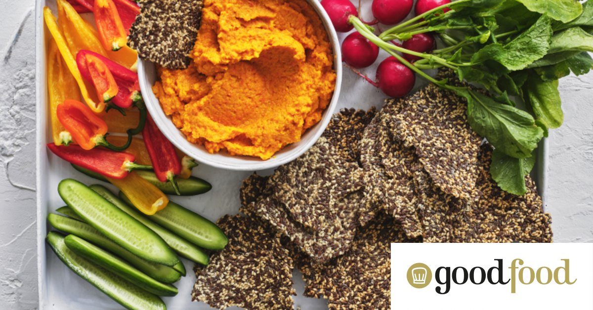 Dairy-free roasted carrot dip with gluten-free sesame crackers