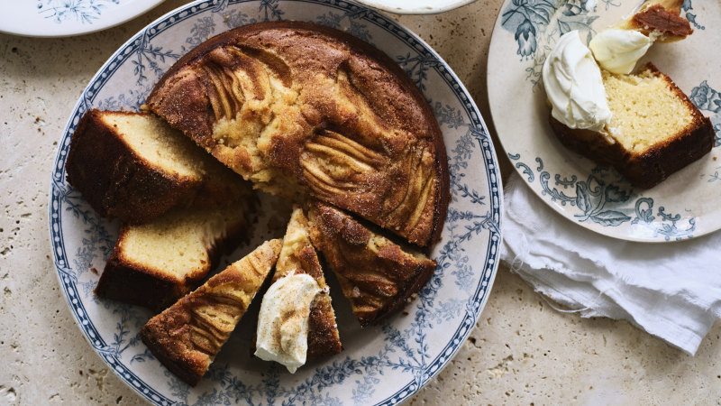 Helen Goh’s melt and mix cinnamon tea cake topped with pears (or plums)