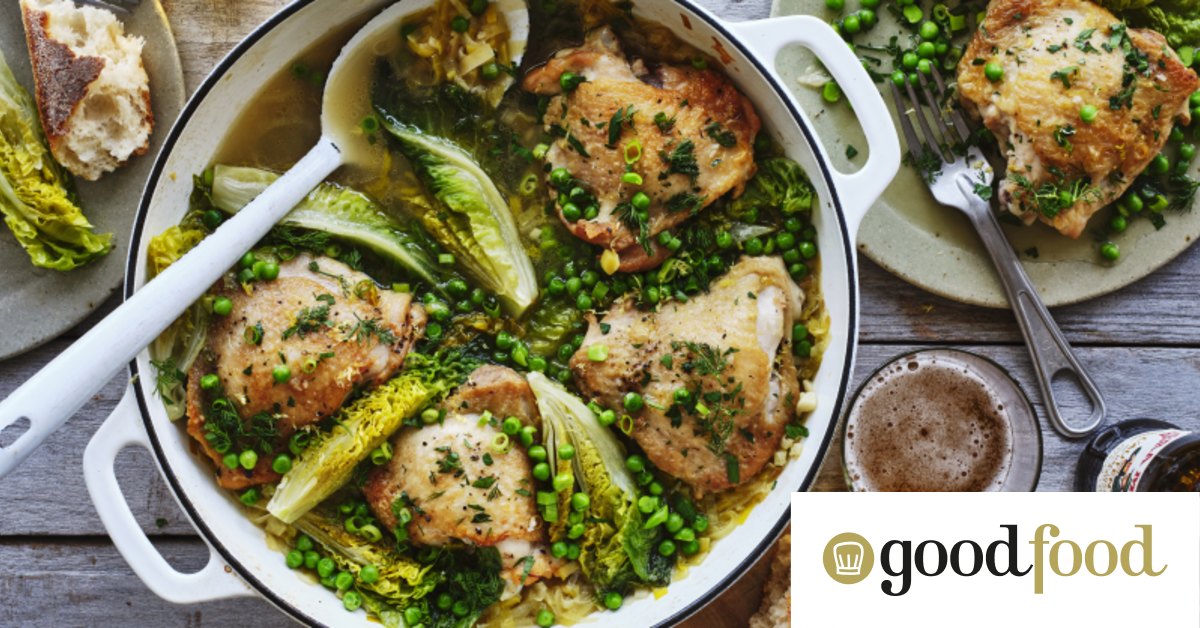 French style one-pot chicken with peas and lettuce