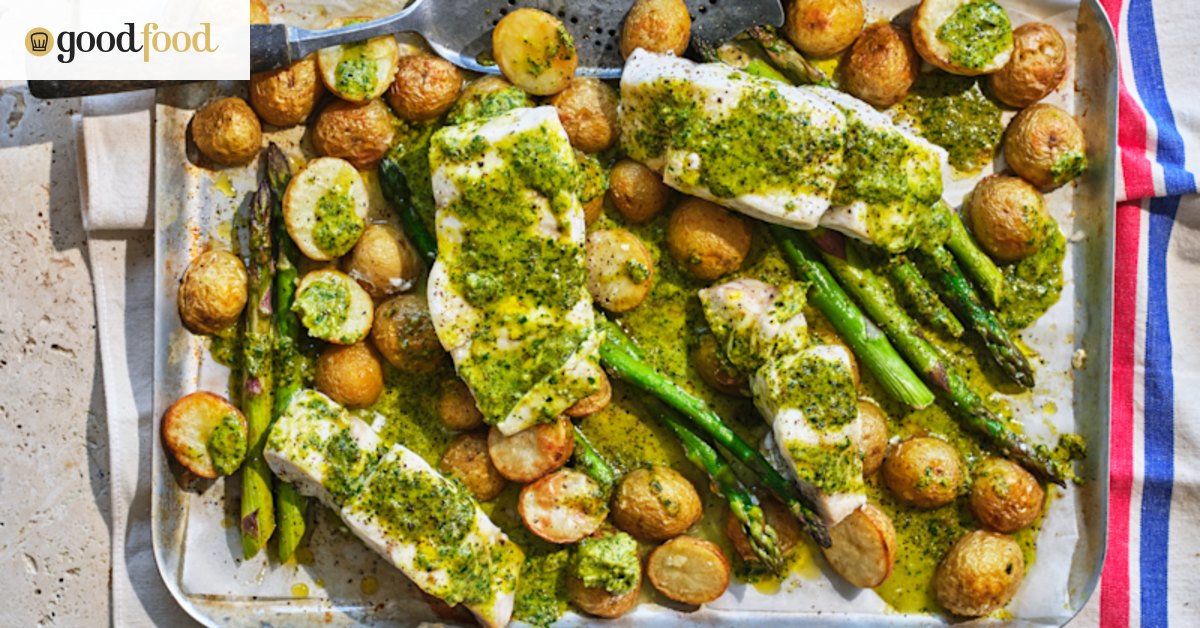 Baked fish with potatoes, asparagus and Montpellier butter
