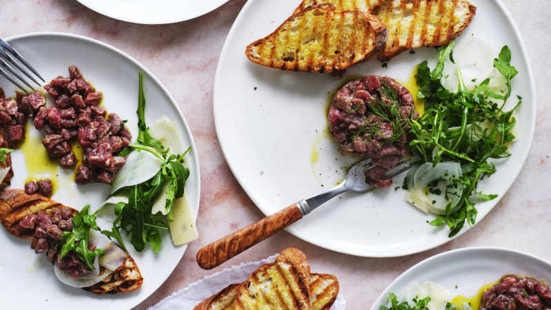 Carne cruda (Italian beef tartare) with fennel, rocket and parmigiano reggiano