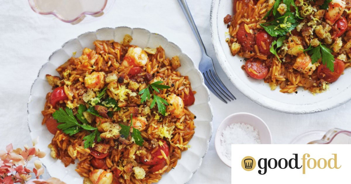 Prawn and tomato orzotto (orzo risotto)
