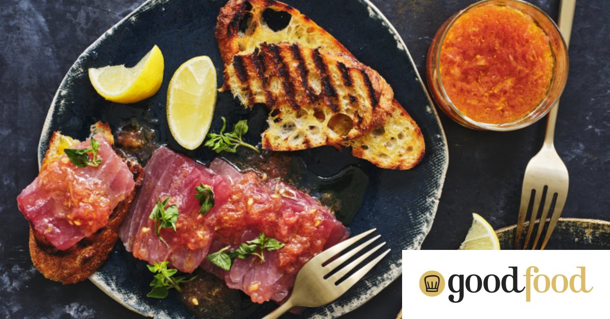 Tuna crudo with tomato vinaigrette and bruschetta