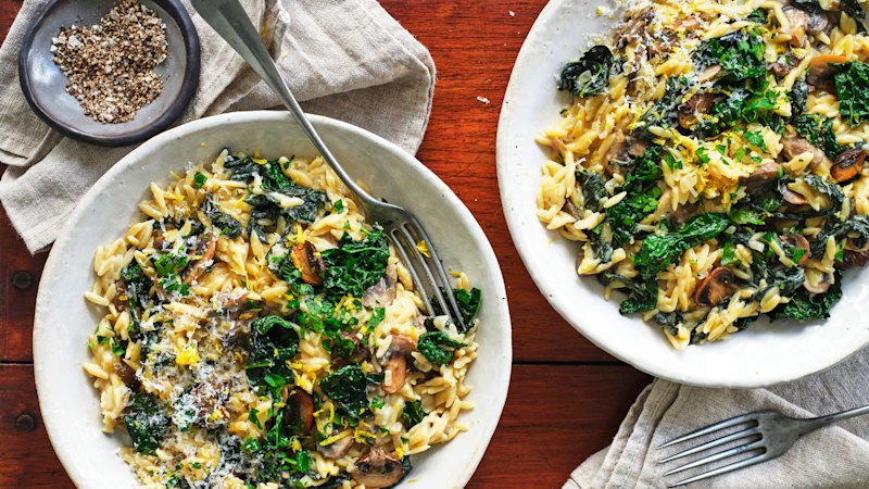 One-pan creamy mushroom, kale and Dijon mustard risoni featured as fast comfort meal