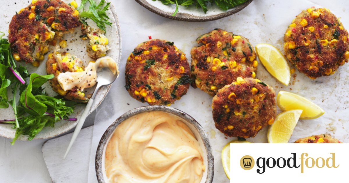 Crab cake recipe with fresh corn and chilli mayonnaise
