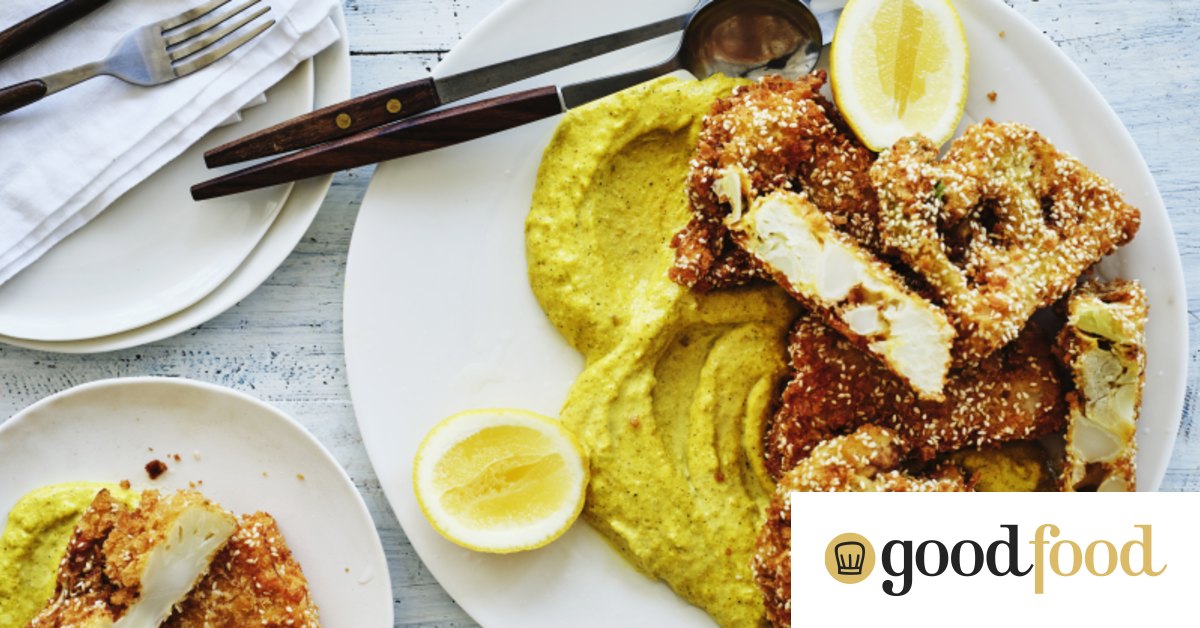 Vegetarian recipe: Sesame crumbed cauliflower fritters with Japanese curry sauce