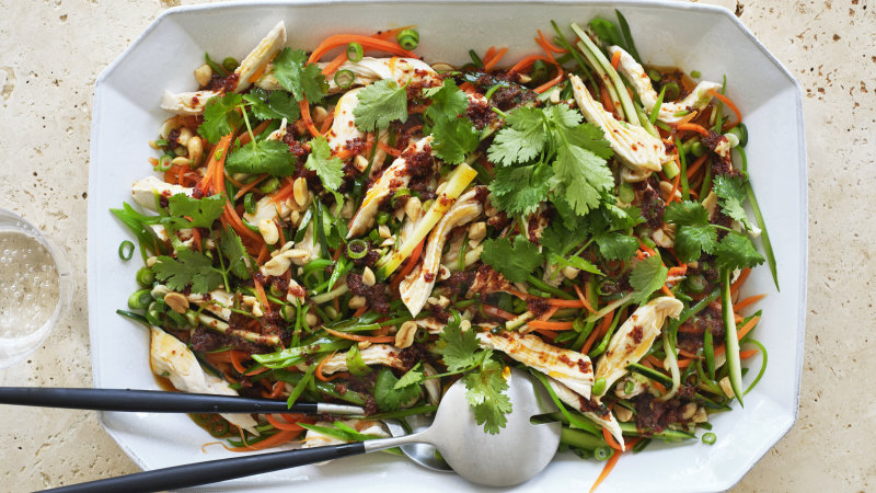 Poached chicken salad with Sichuan chilli vinaigrette