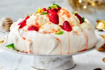 Helen Goh’s strawberry and finger lime pavlova with coconut mascarpone.