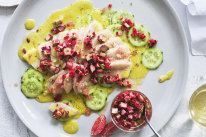 Karen Martini’s kingfish ceviche with buttermilk dressing, finger lime and a rhubarb, red chilli, fennel pickle.
