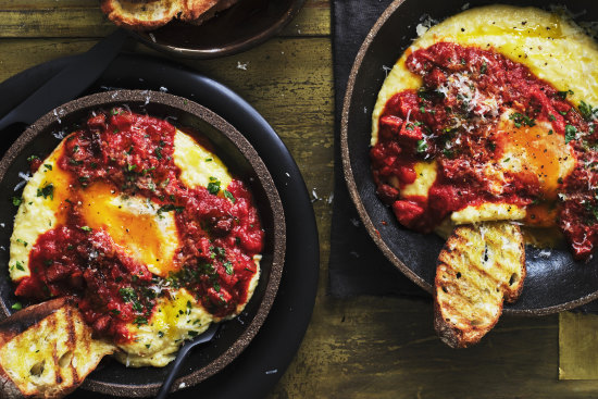 Baked eggs with chorizo, peppers and soft polenta.