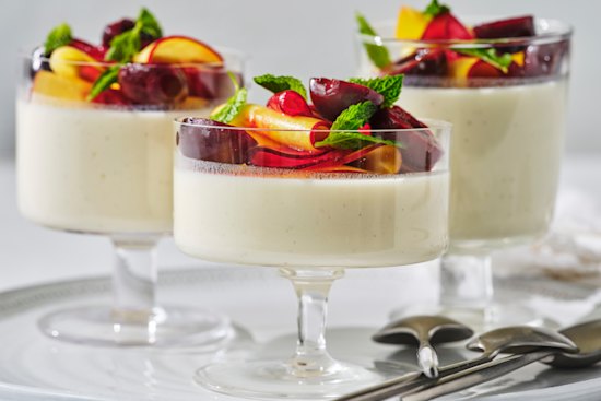 Helen Goh’s kefir and vanilla jelly with stone fruits and cherries.