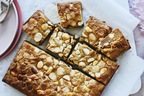 Brown butter, macadamia and white chocolate blondies.