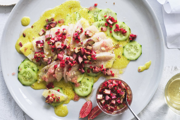 Karen Martini’s kingfish ceviche with buttermilk dressing, finger lime and a rhubarb, red chilli, fennel pickle.
