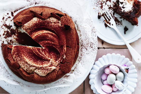 Helen Goh’s flourless chocolate crater cake with spiced whipped cream.