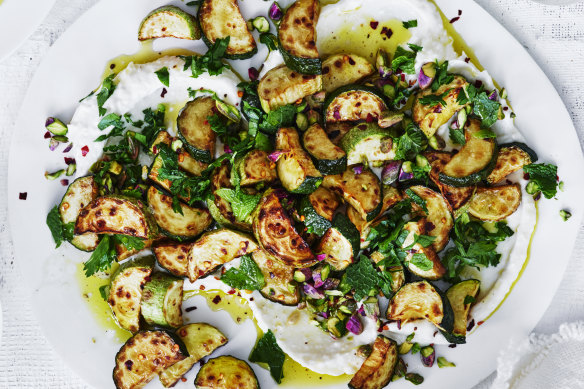 Fried zucchini, mint and chilli salad with taramasalata and bottarga.