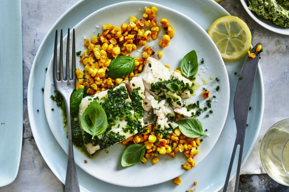 Baked Murray cod fillet with sweetcorn and basil butter. Styling by Hannah Meppem and food preparation by Breesa Swann.
