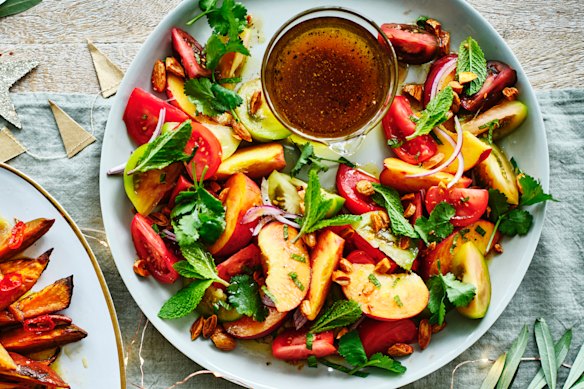 Callan can’t resist Julia Busuttil Nishimura’s heirloom tomato salad with peaches, mint and almonds.