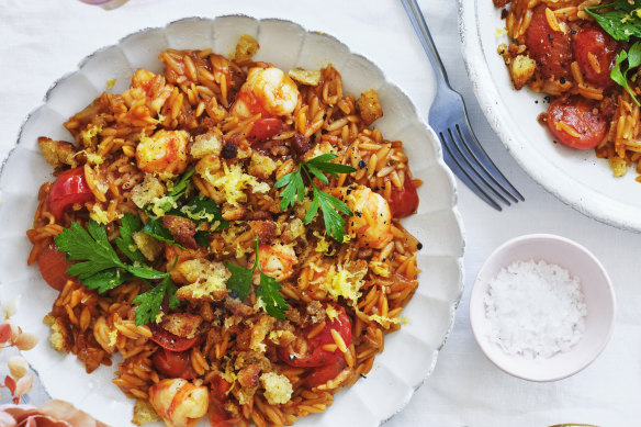 Danielle Alvarez’s prawn and tomato orzotto with pangrattato.